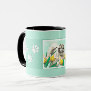Keeshond in Tulips Painting Cute Original Dog Art Mug