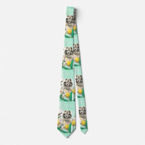 Keeshond in Tulips Painting Cute Original Dog Art Neck Tie