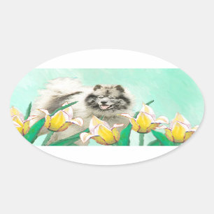 Keeshond in Tulips Painting Cute Original Dog Art Oval Sticker