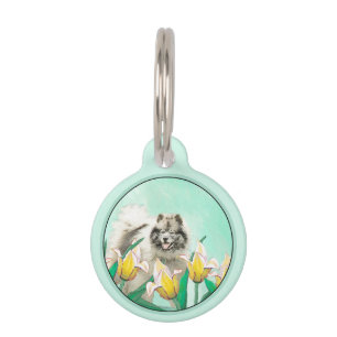 Keeshond in Tulips Painting Cute Original Dog Art Pet ID Tag