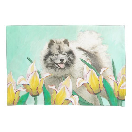 Keeshond in Tulips Painting Cute Original Dog Art Pillow Case