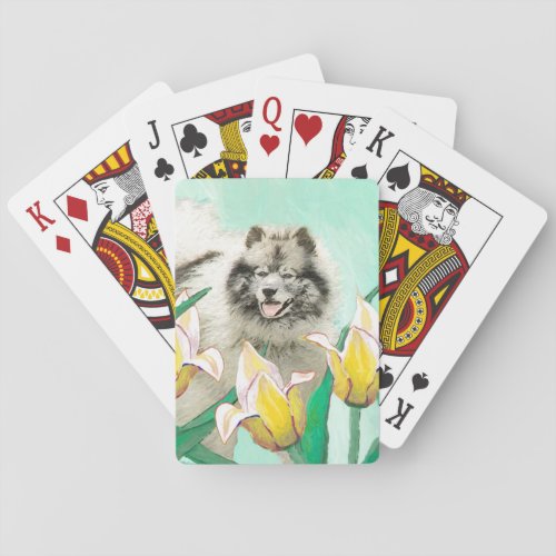Keeshond in Tulips Painting Cute Original Dog Art Playing Cards