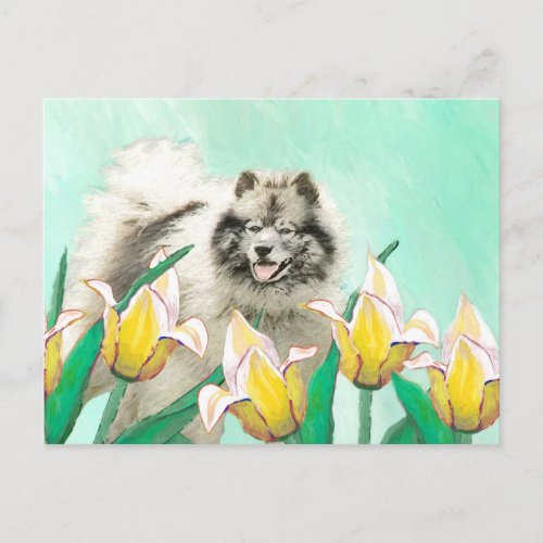 Keeshond in Tulips Painting Cute Original Dog Art Postcard