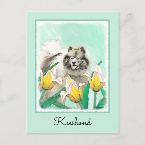 Keeshond in Tulips Painting Cute Original Dog Art Postcard
