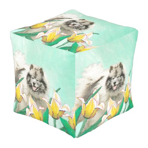 Keeshond in Tulips Painting Cute Original Dog Art Pouf