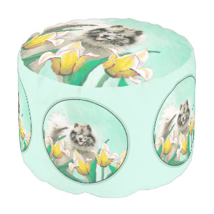 Keeshond in Tulips Painting Cute Original Dog Art Pouf