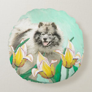 Keeshond in Tulips Painting Cute Original Dog Art Round Pillow