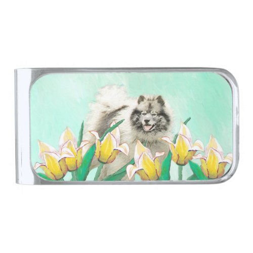Keeshond in Tulips Painting Cute Original Dog Art Silver Finish Money Clip