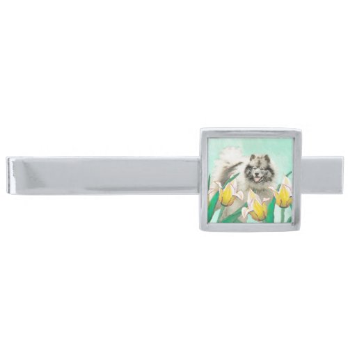 Keeshond in Tulips Painting Cute Original Dog Art Silver Finish Tie Bar