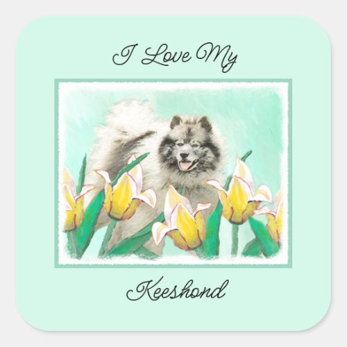 Keeshond in Tulips Painting Cute Original Dog Art Square Sticker