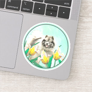 Keeshond in Tulips Painting Cute Original Dog Art Sticker