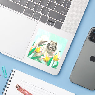 Keeshond in Tulips Painting Cute Original Dog Art Sticker