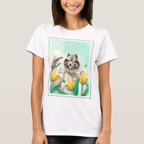 Keeshond in Tulips Painting Cute Original Dog Art T_Shirt