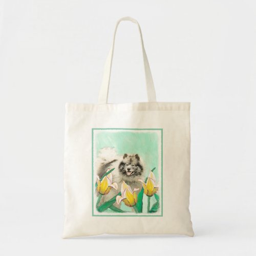 Keeshond in Tulips Painting Cute Original Dog Art Tote Bag