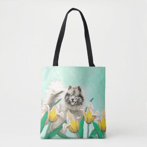 Keeshond in Tulips Painting Cute Original Dog Art Tote Bag