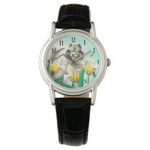 Keeshond in Tulips Painting Cute Original Dog Art Watch