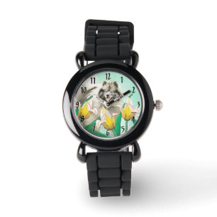 Keeshond in Tulips Painting Cute Original Dog Art Watch