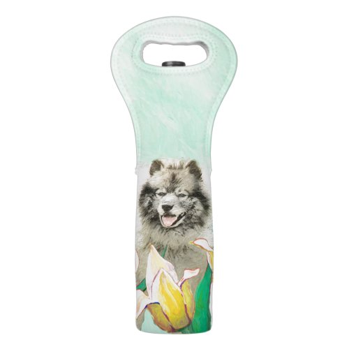 Keeshond in Tulips Painting Cute Original Dog Art Wine Bag