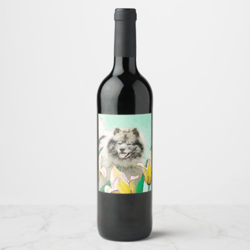 Keeshond in Tulips Painting Cute Original Dog Art Wine Label