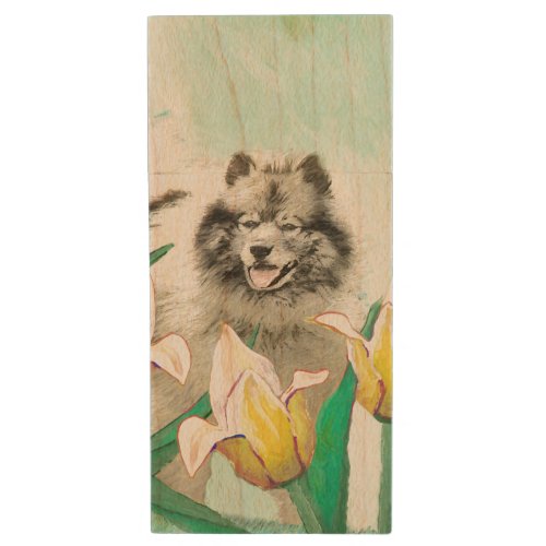 Keeshond in Tulips Painting Cute Original Dog Art Wood USB Flash Drive