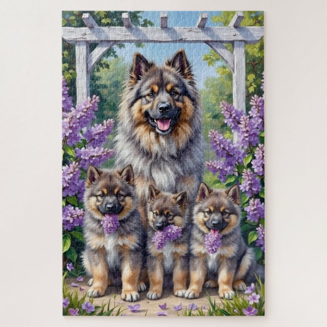 Keeshond Lilac Garden Art Jigsaw Puzzle (Vertical)