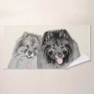 Keeshond Mom and Son Painting - Original Dog Art Bath Towel Set