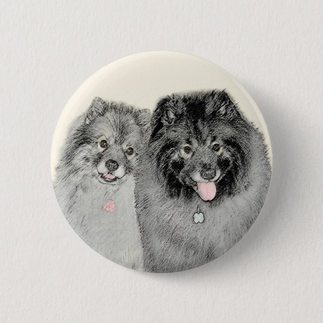 Keeshond Mom and Son Painting - Original Dog Art Button (Front)
