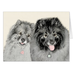 Keeshond Mom and Son Painting - Original Dog Art Card