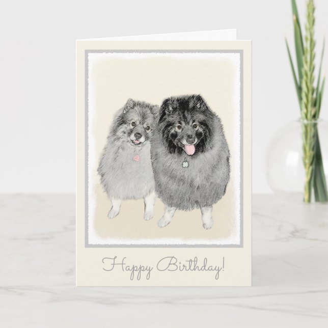 Keeshond Mom and Son Painting - Original Dog Art Card (Front)