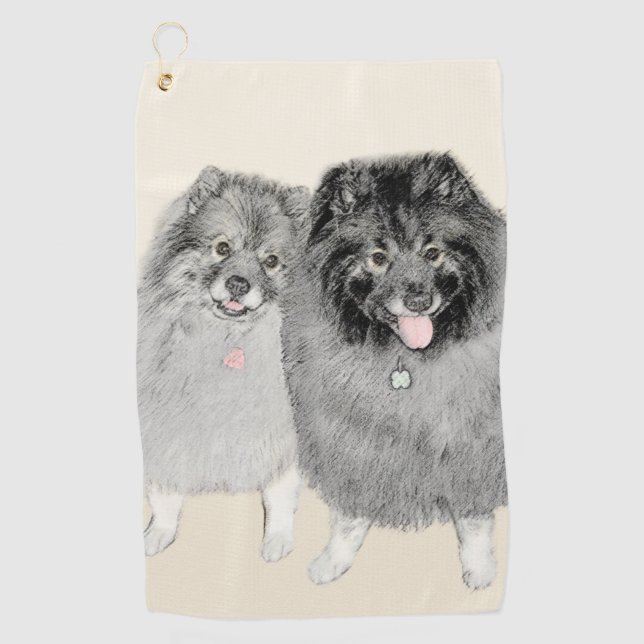 Keeshond Mom and Son Painting - Original Dog Art Golf Towel (Front)