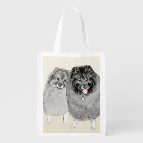 Keeshond Mom and Son Painting _ Original Dog Art Grocery Bag