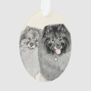 Keeshond Mom and Son Painting - Original Dog Art Ornament