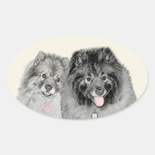 Keeshond Mom and Son Painting _ Original Dog Art Oval Sticker