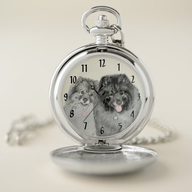 Keeshond Mom and Son Painting - Original Dog Art Pocket Watch (Inside)