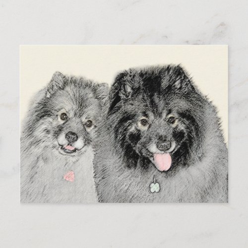 Keeshond Mom and Son Painting _ Original Dog Art Postcard