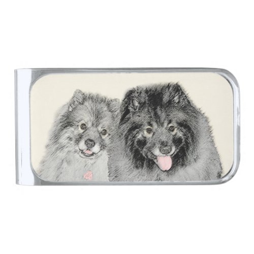 Keeshond Mom and Son Painting _ Original Dog Art Silver Finish Money Clip
