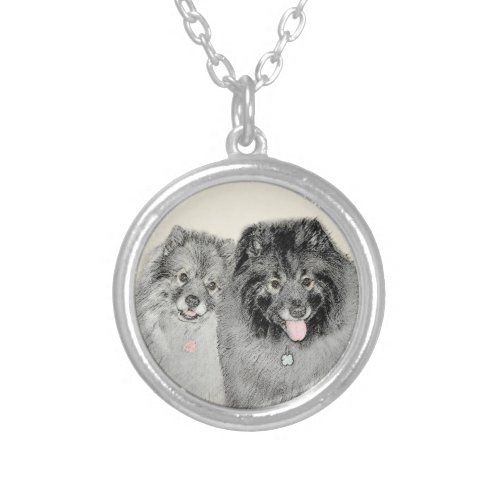 Keeshond Mom and Son Painting _ Original Dog Art Silver Plated Necklace