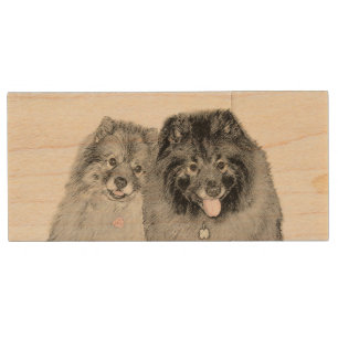 Keeshond Mom and Son Painting - Original Dog Art Wood Flash Drive