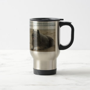 keeshond on beach.png travel mug