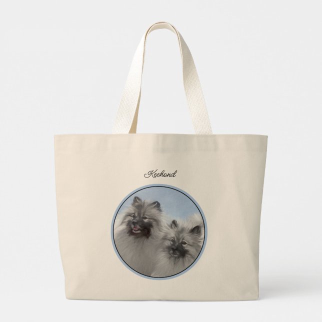 Keeshond Painting 2 Keeshonden Original Dog Art Large Tote Bag (Back)