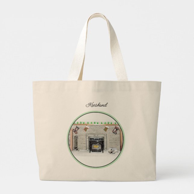 Keeshond Painting Christmas Puppy by Fireplace Art Large Tote Bag (Back)