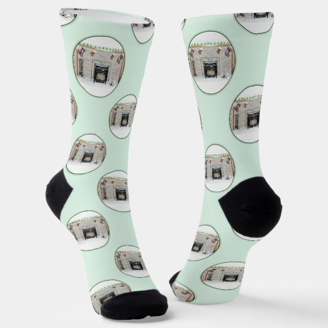 Keeshond Painting Christmas Puppy by Fireplace Art Socks (Angled)