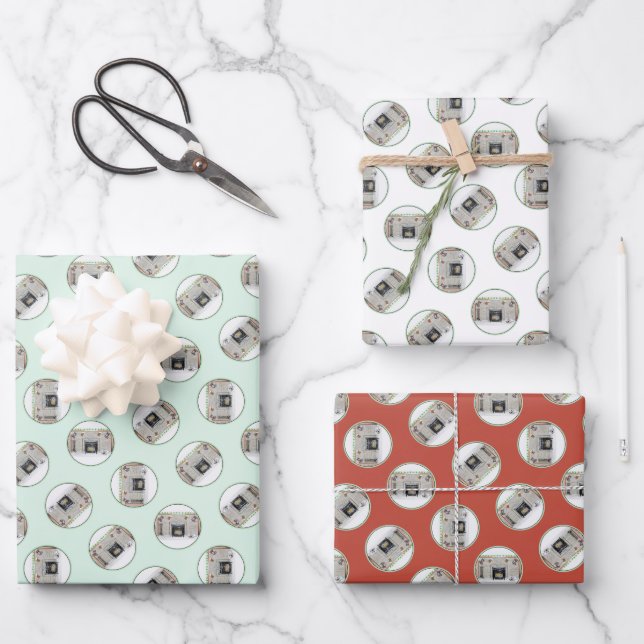 Keeshond Painting Christmas Puppy by Fireplace Art Wrapping Paper Sheets (Front)