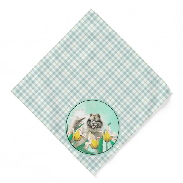 Keeshond Painting in Tulips Cute Original Dog Art Bandana (Front)