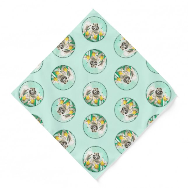 Keeshond Painting in Tulips Cute Original Dog Art Bandana (Front)