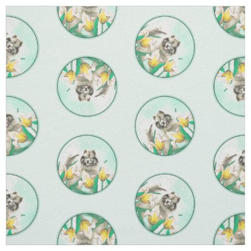 Keeshond Painting in Tulips Cute Original Dog Art Fabric