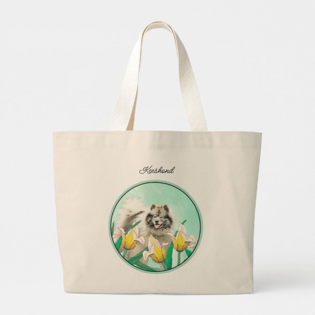 Keeshond Painting in Tulips Cute Original Dog Art Large Tote Bag (Back)