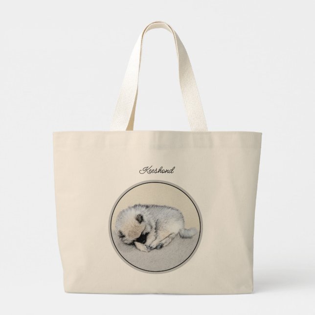 Keeshond Painting Sleeping Puppy Original Dog Art Large Tote Bag (Back)