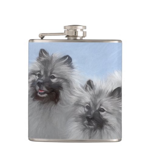 Keeshond Pair of Kees Painting Original Animal Art Flask