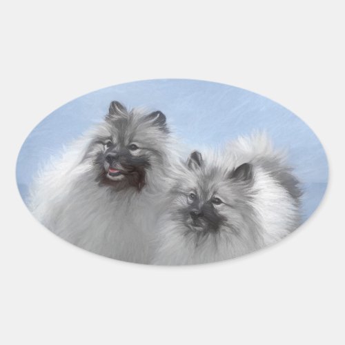 Keeshond Pair of Kees Painting Original Animal Art Oval Sticker